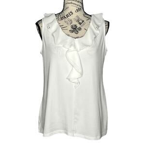 Elle (S) White Collar Front Ruffle Sleeveless Round Neck Blouse Top